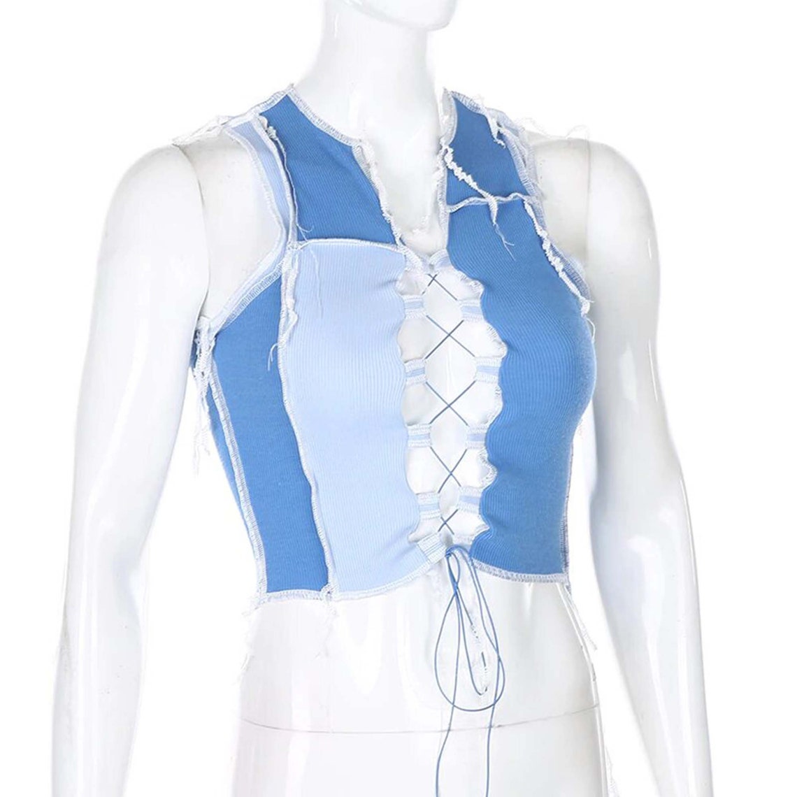 Crossed Strings Front Tie Knot Blue Crop Top