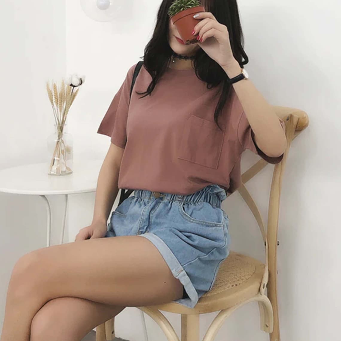 Fashion Roll Up Hem Elastic Waist Pocket Denim Shorts