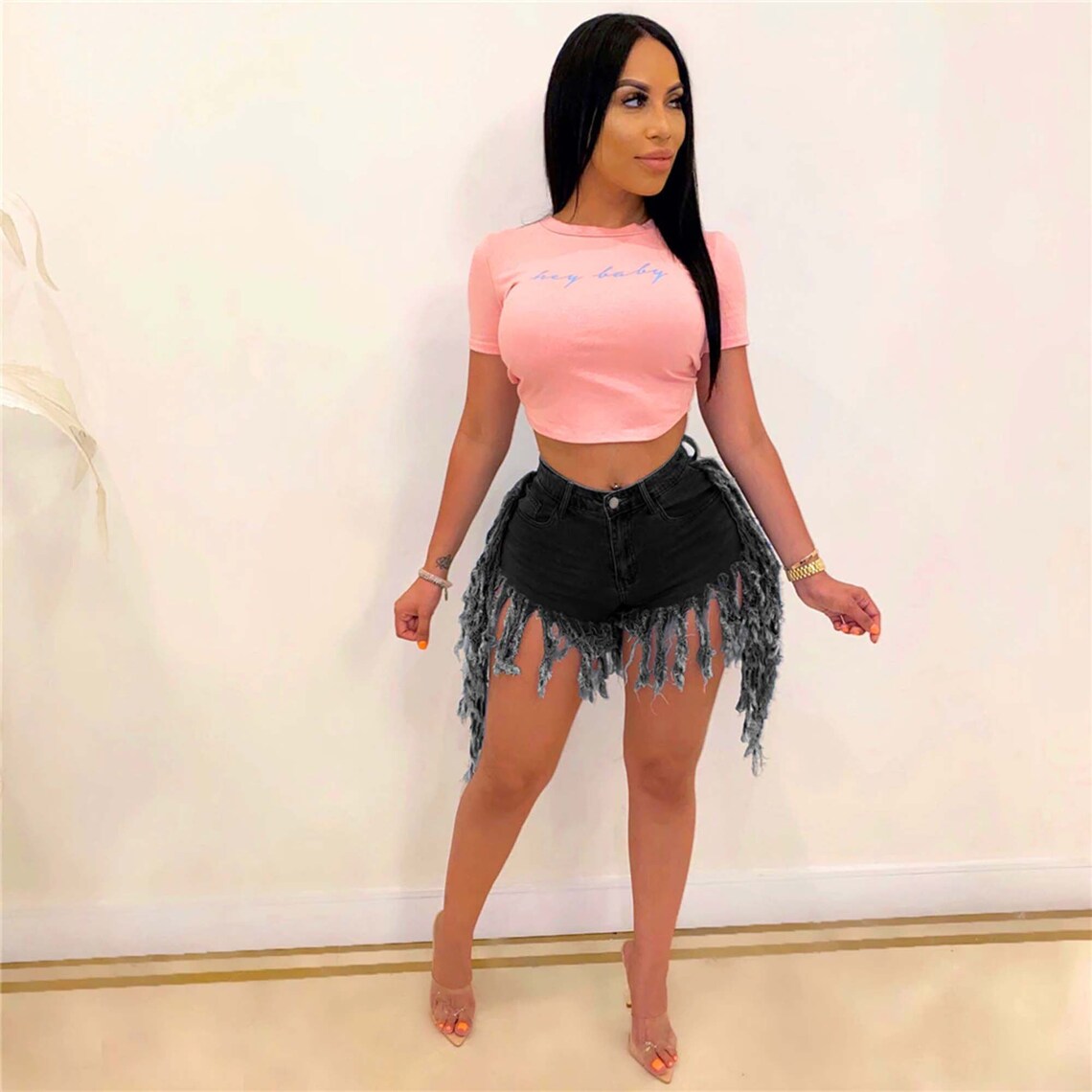 Fashionable Ripped Tassels High Waisted Denim Shorts