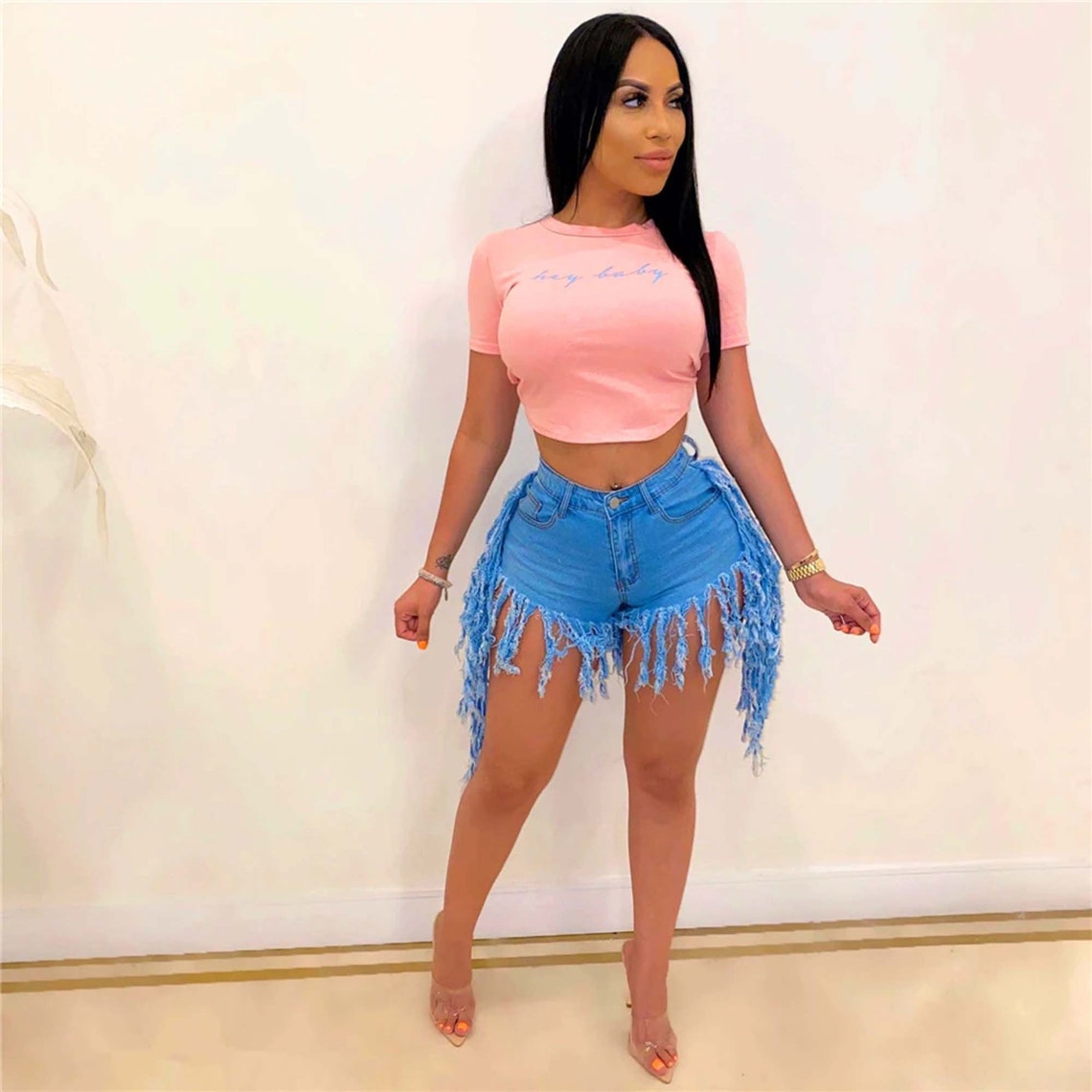 Fashionable Ripped Tassels High Waisted Denim Shorts