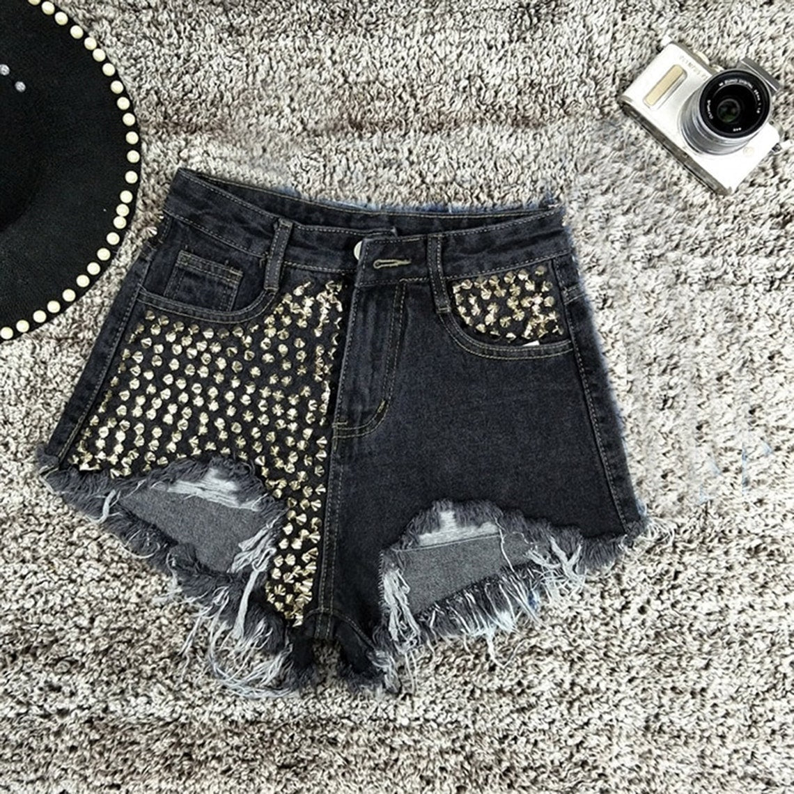 Punk One Side Rivets Streetwear High Waisted Shorts