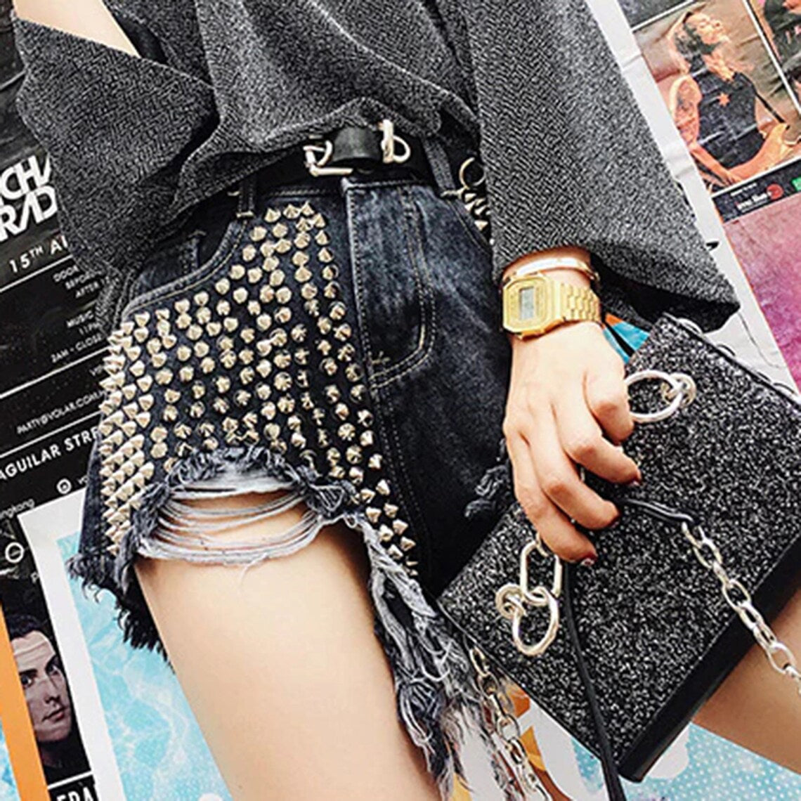 Punk One Side Rivets Streetwear High Waisted Shorts