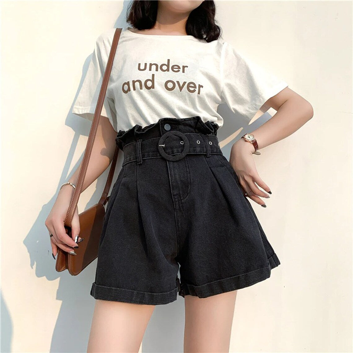 Wide Belt Elastic High Waist Denim Shorts