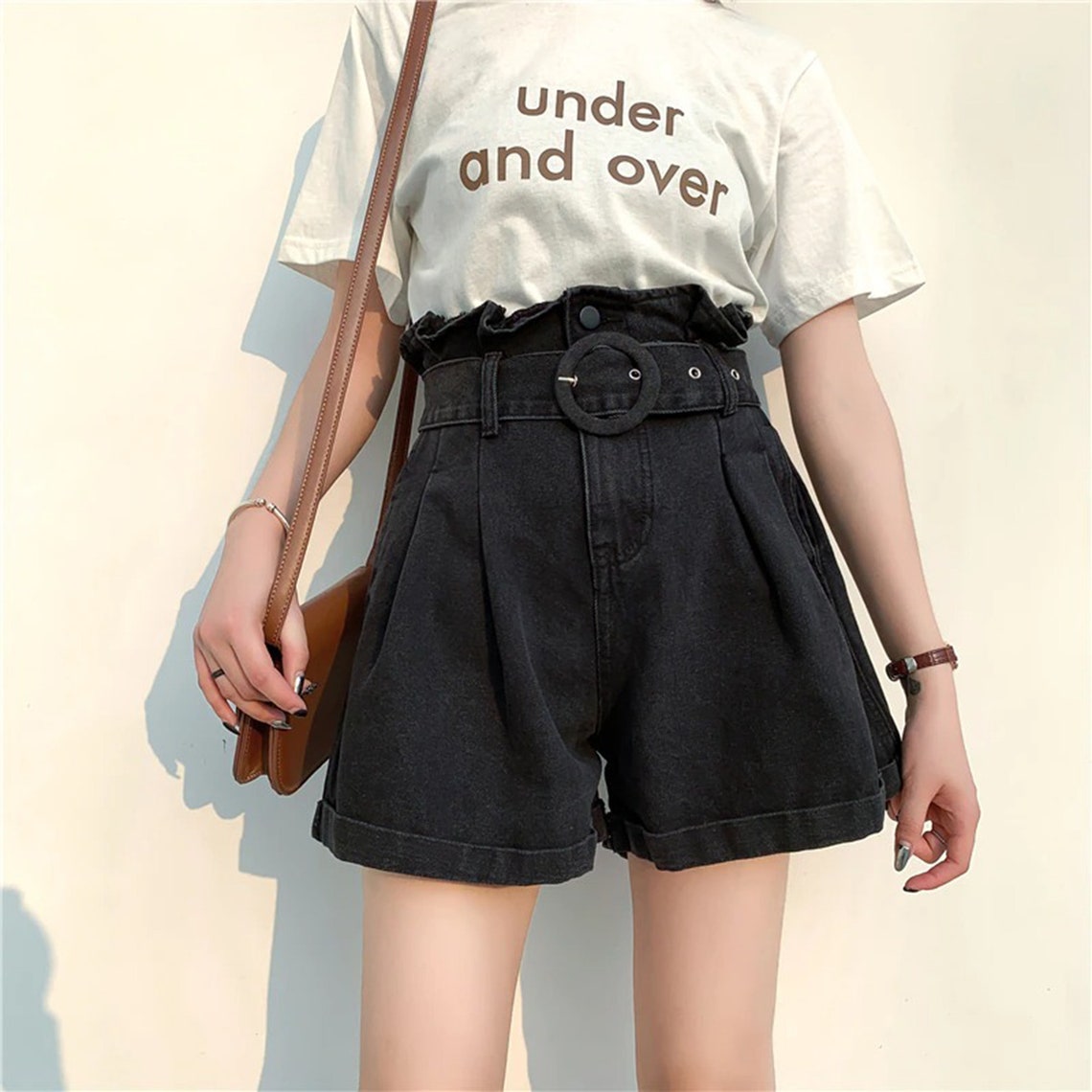 Wide Belt Elastic High Waist Denim Shorts