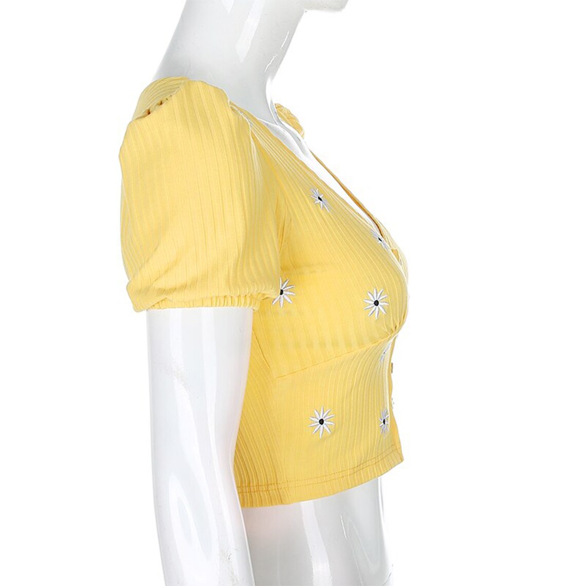 Yellow Floral Embroidered Puff Shoulder Top