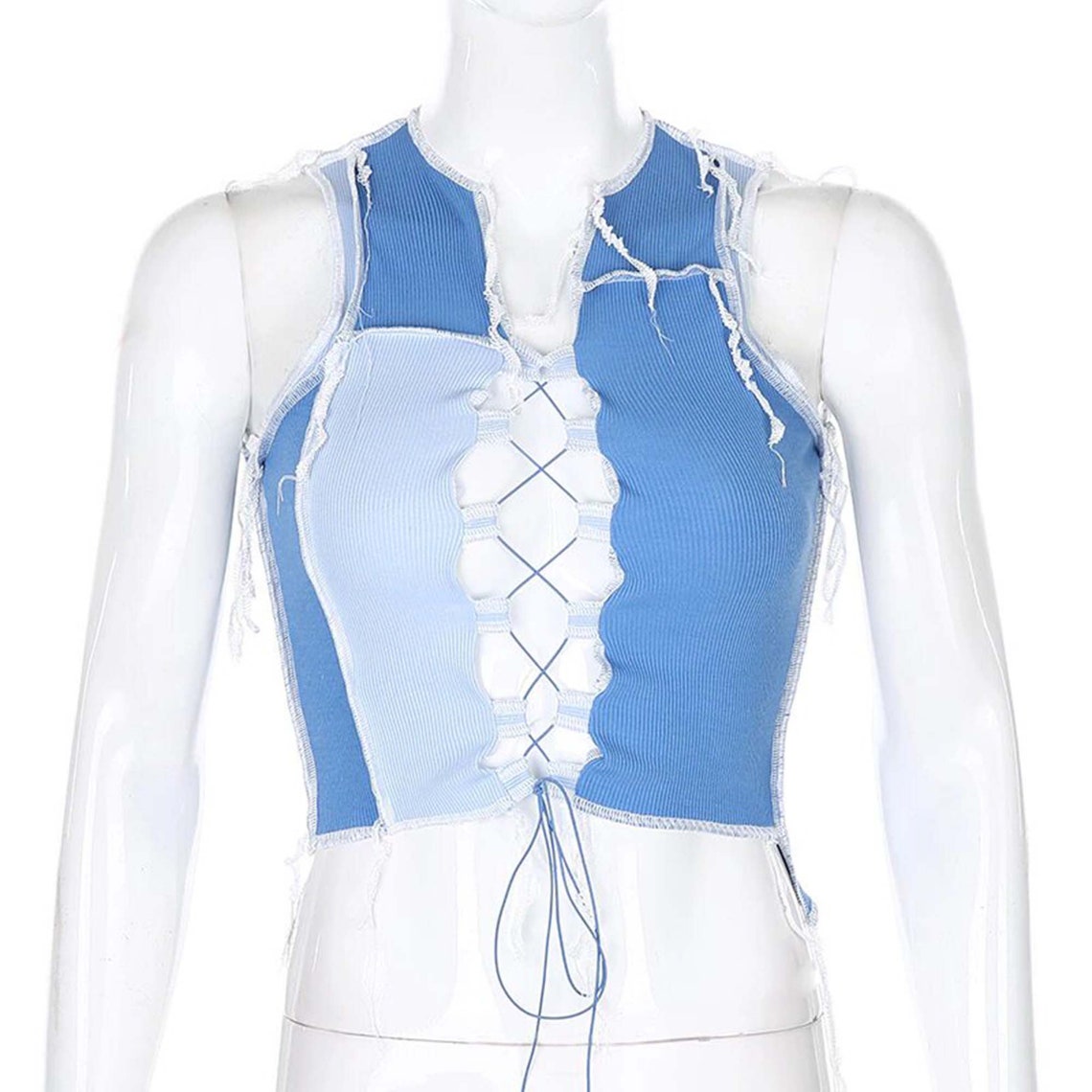Crossed Strings Front Tie Knot Blue Crop Top