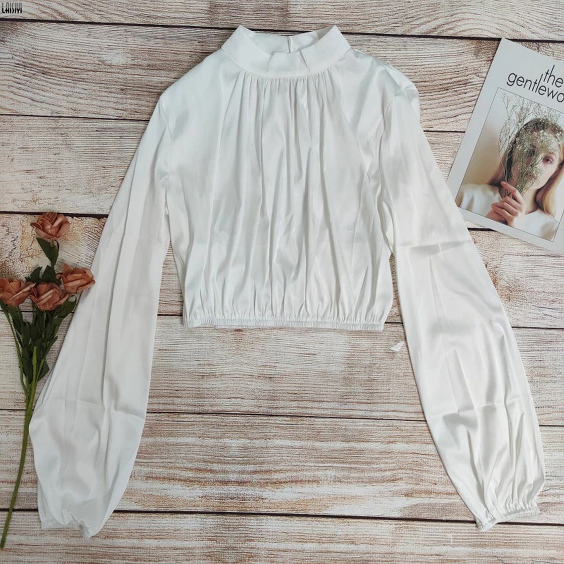 Casual Fashion Silk Lantern Sleeves Crop Top