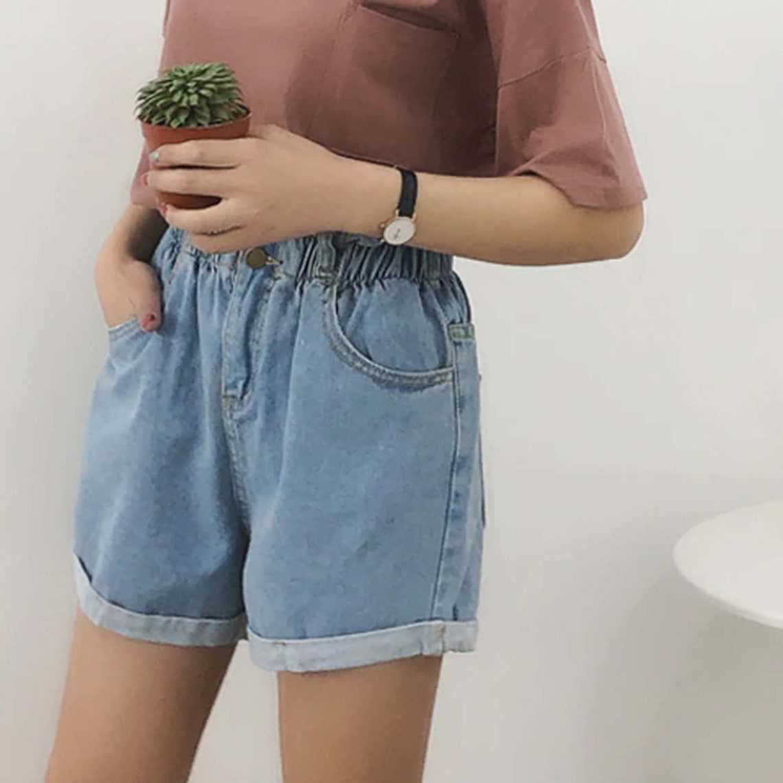 Fashion Roll Up Hem Elastic Waist Pocket Denim Shorts