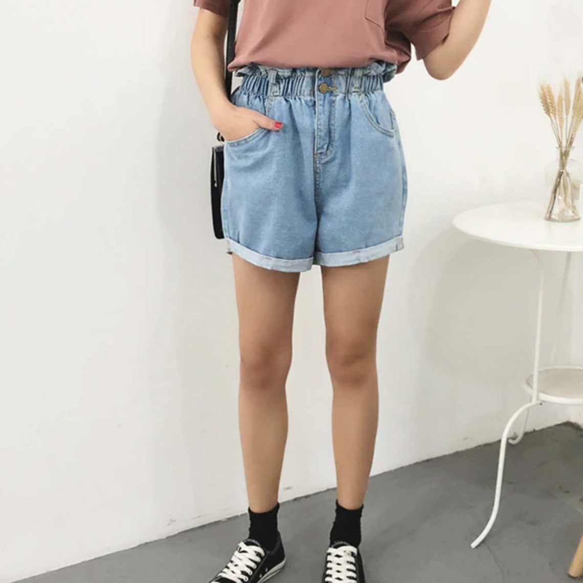 Fashion Roll Up Hem Elastic Waist Pocket Denim Shorts