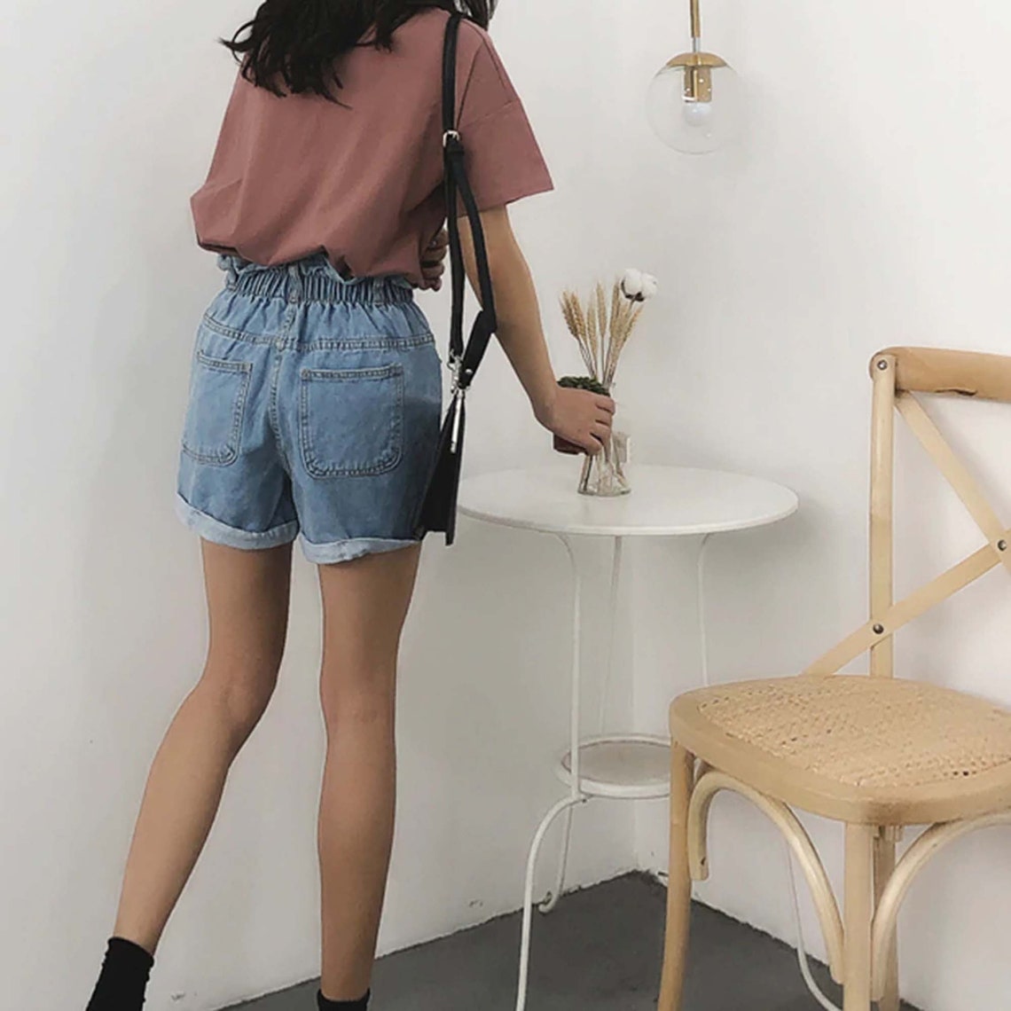 Fashion Roll Up Hem Elastic Waist Pocket Denim Shorts