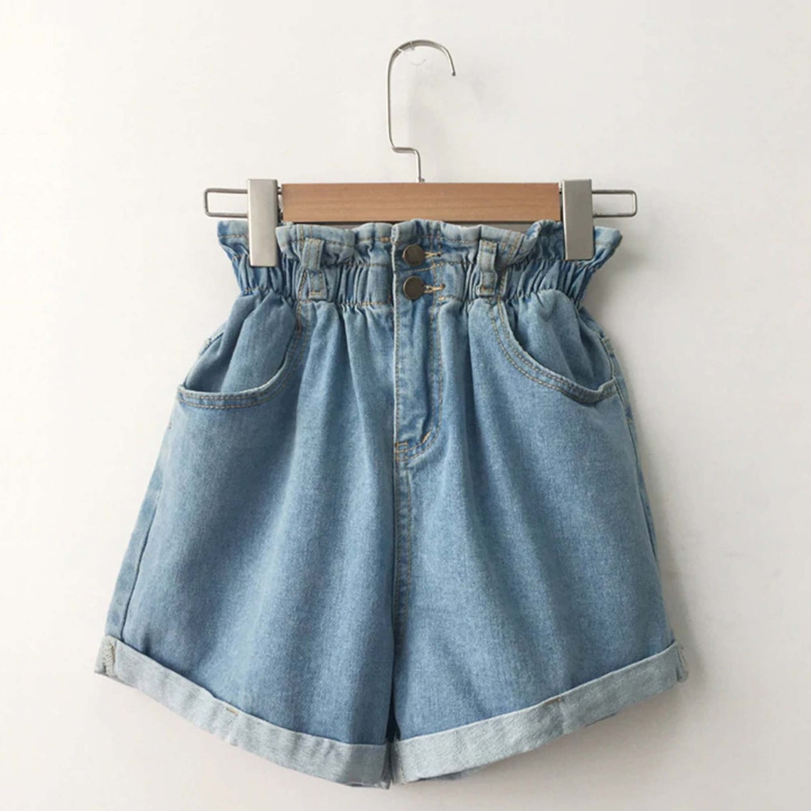 Fashion Roll Up Hem Elastic Waist Pocket Denim Shorts