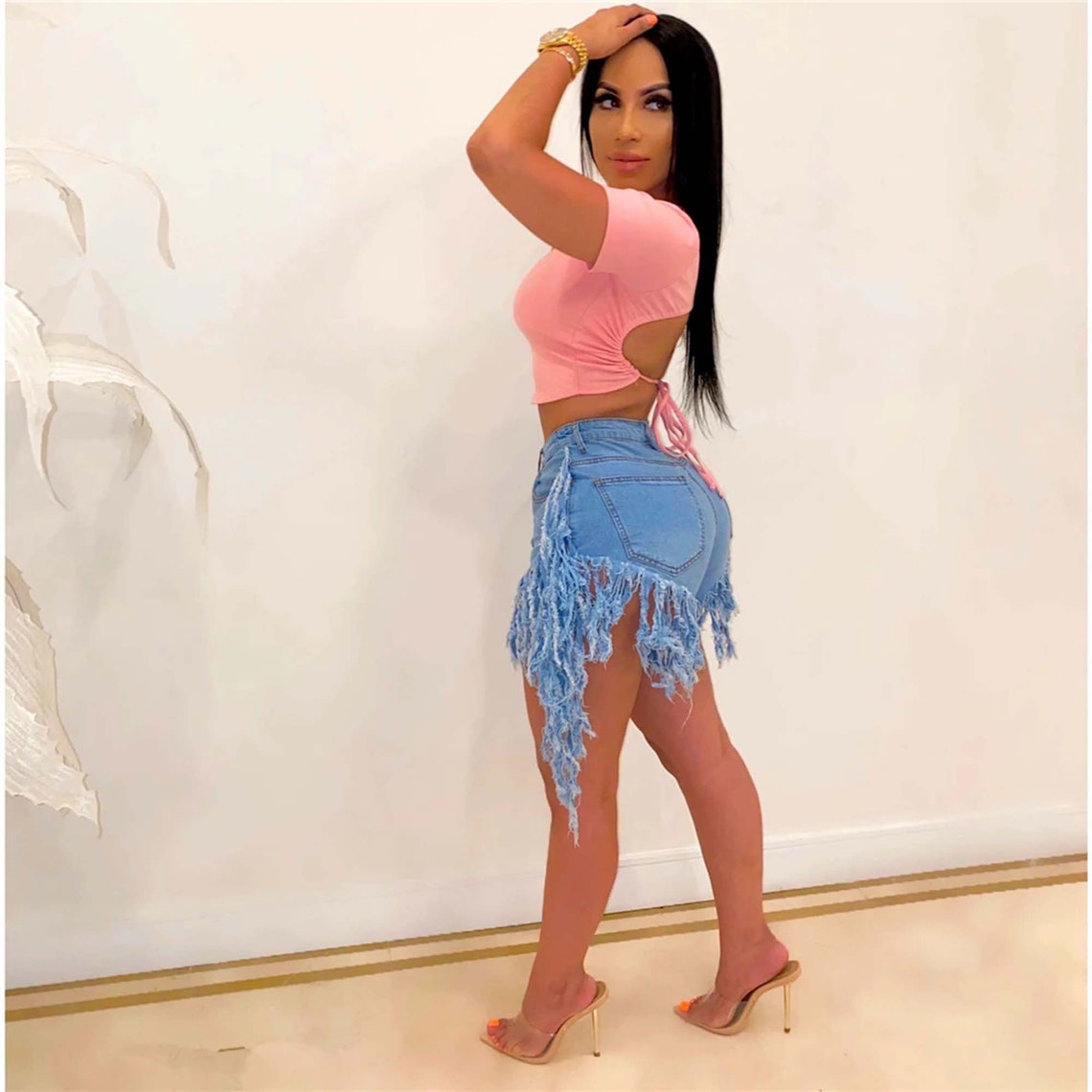 Fashionable Ripped Tassels High Waisted Denim Shorts