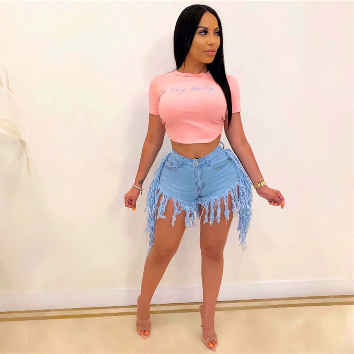 Fashionable Ripped Tassels High Waisted Denim Shorts