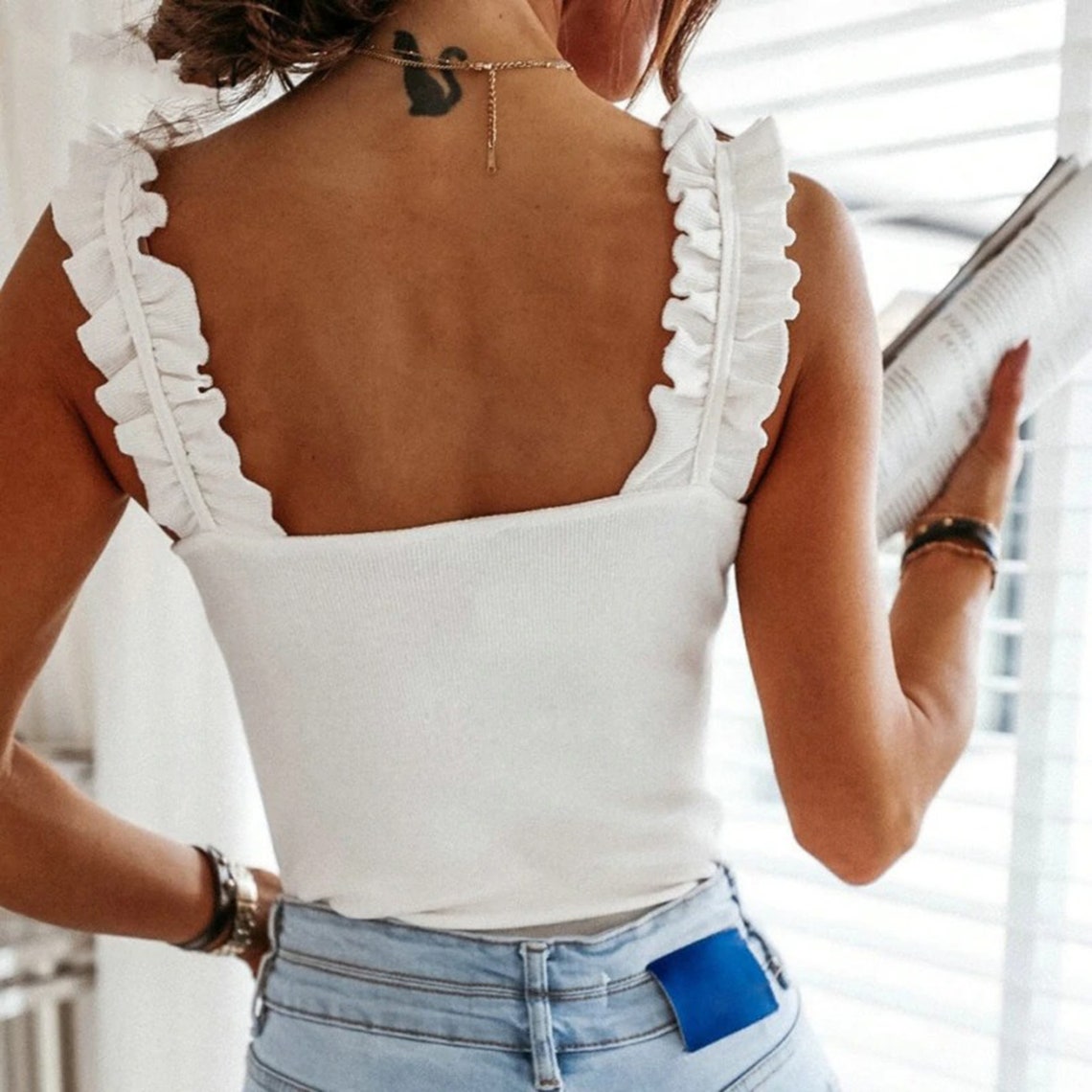 Ruffled Straps Squared Collar Knitted Ribbed Top