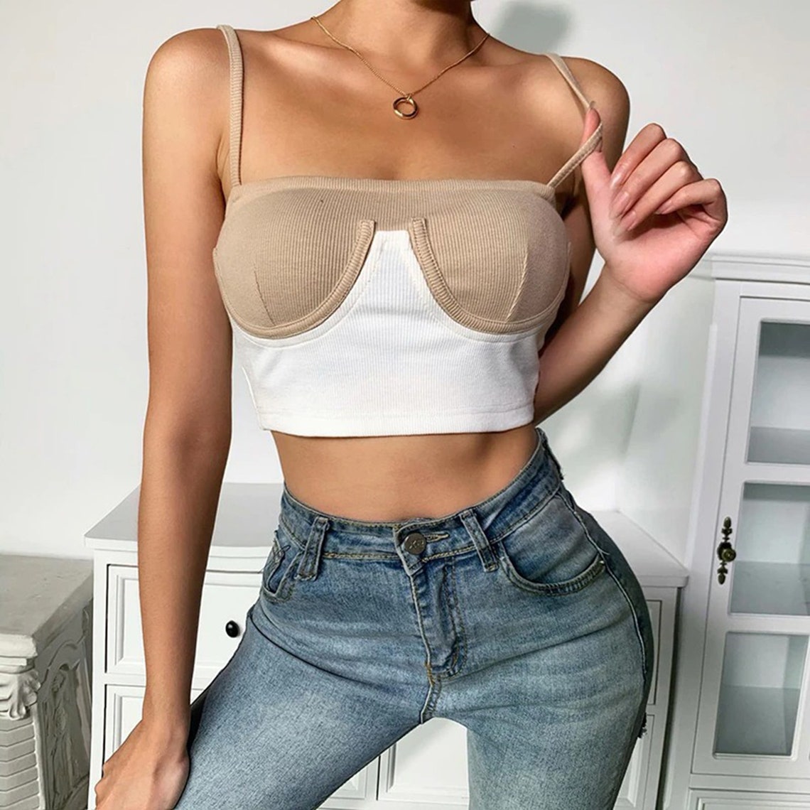 Casual Ribbed Knit Slash Neck Camisole Patchwork Top