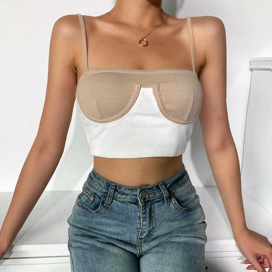 Casual Ribbed Knit Slash Neck Camisole Patchwork Top