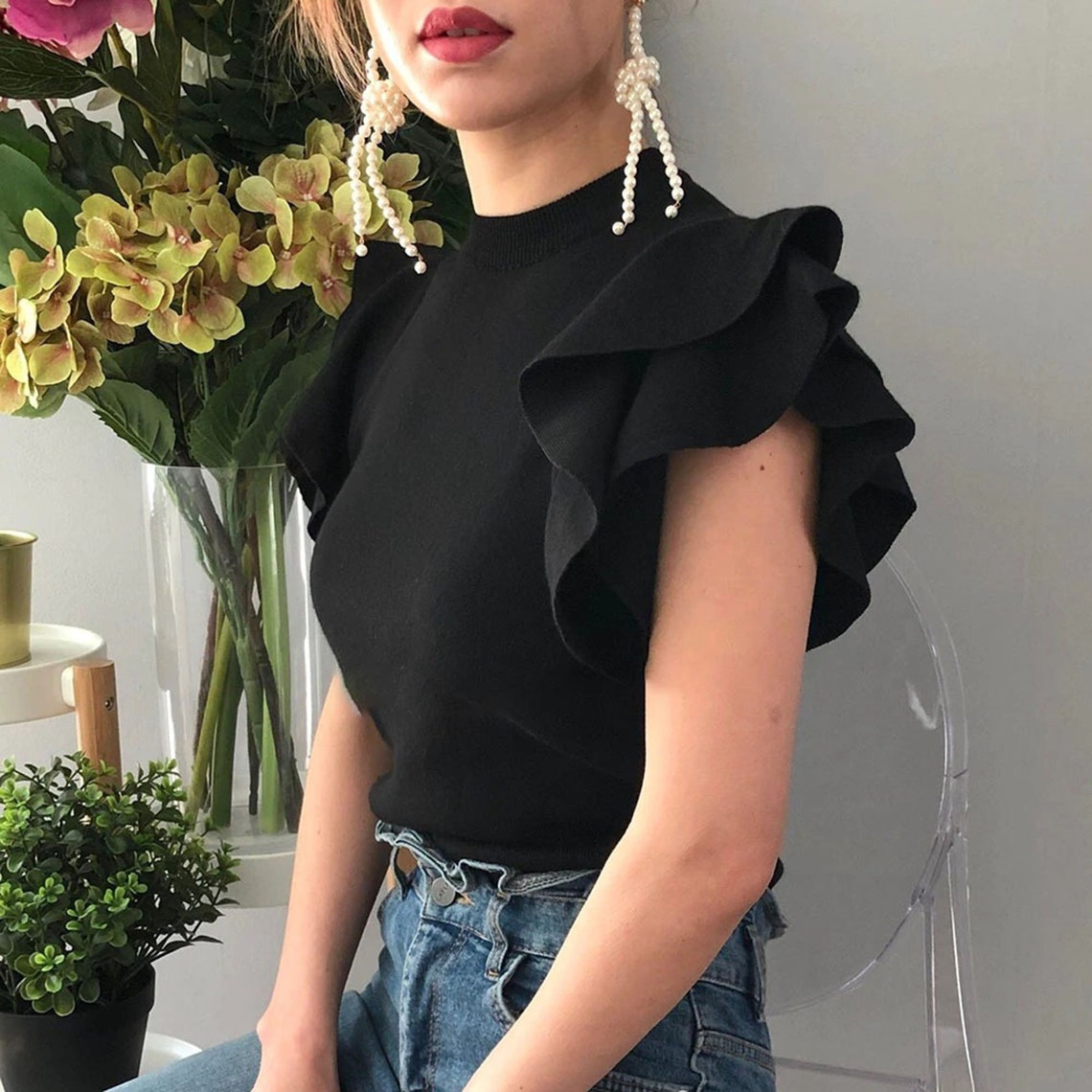 Classy Ruffled Short Sleeves Knitted Style Top