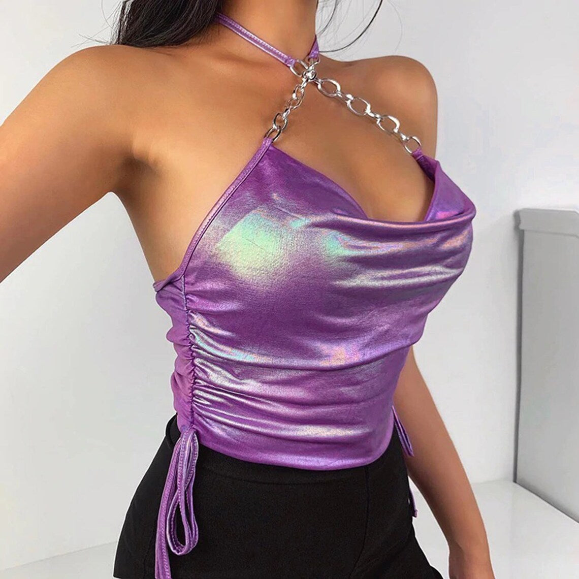 Bright Purple Drawstring Sides Chain Straps Top