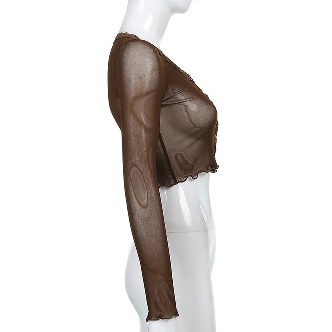 Brown See-through Vintage Floral Lace Cropped Tees