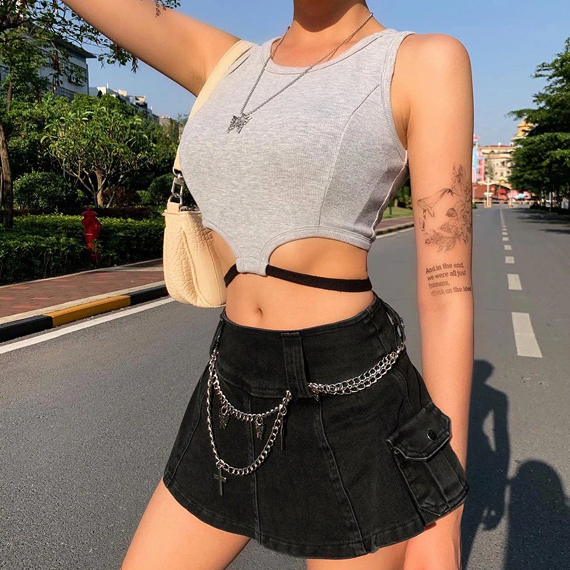 Soft Gray Black Waist Straps Crop Top