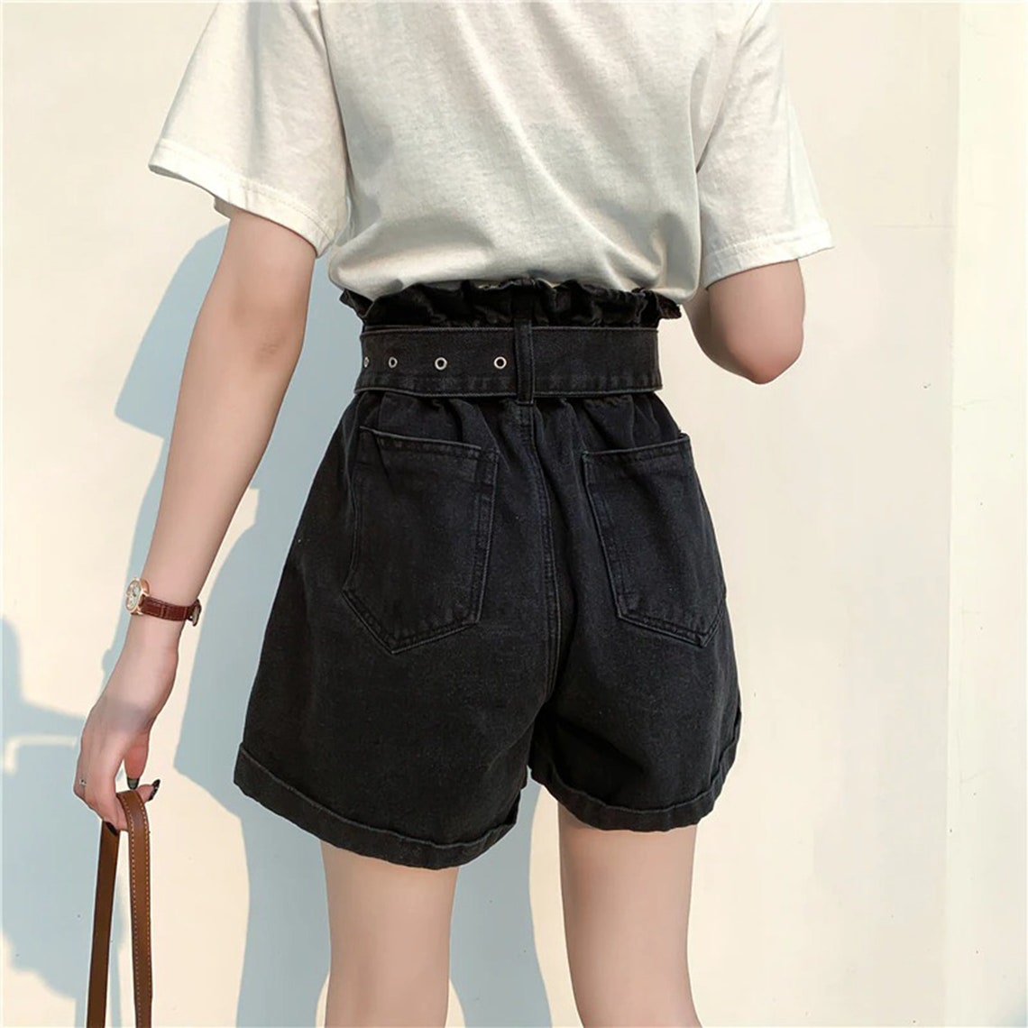 Wide Belt Elastic High Waist Denim Shorts