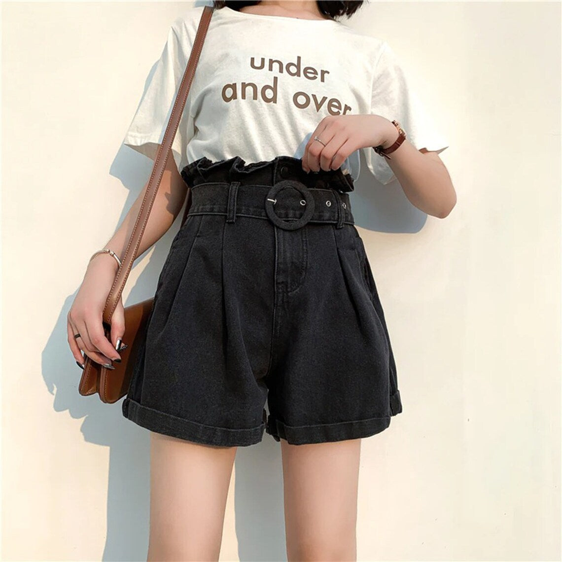 Wide Belt Elastic High Waist Denim Shorts