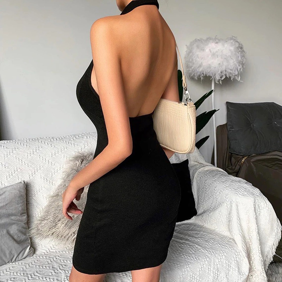 White Halter Straps Waist Slim Fit Mini Dress