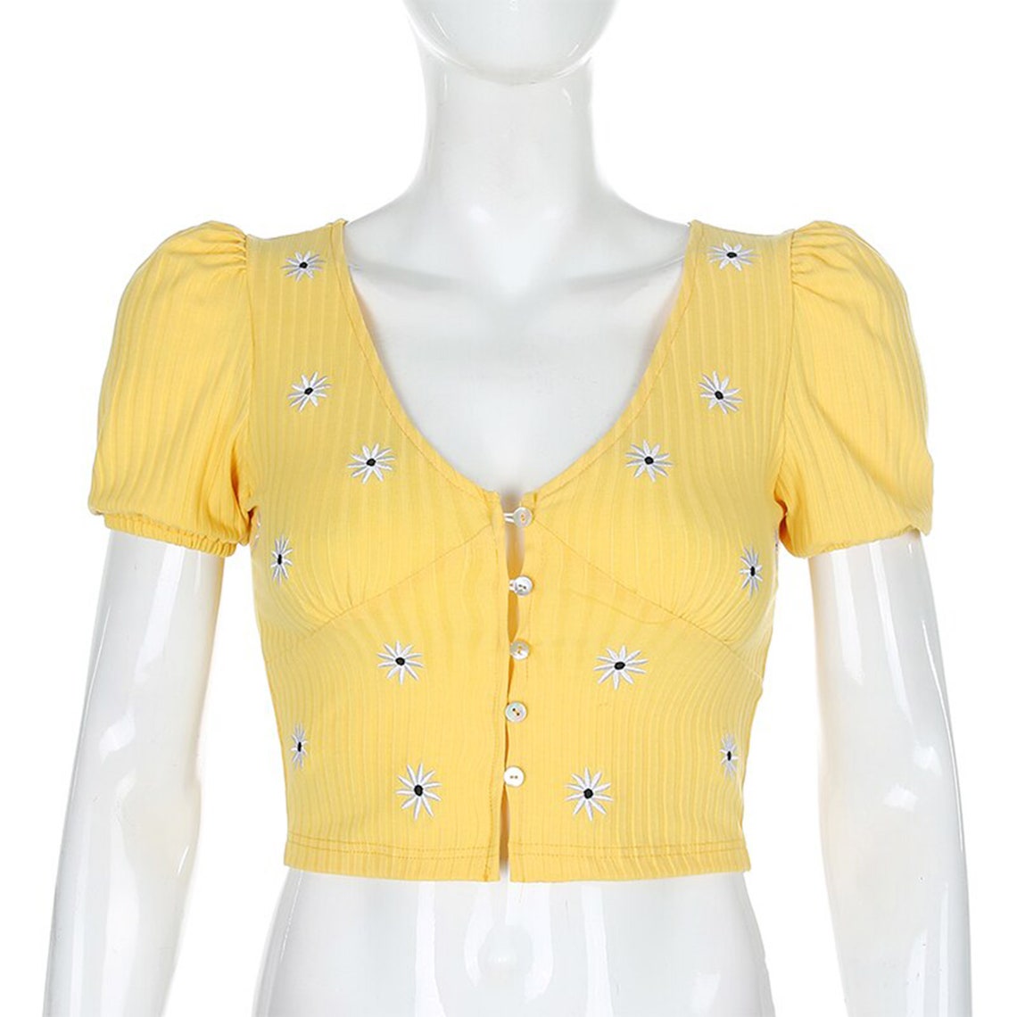 Yellow Floral Embroidered Puff Shoulder Top