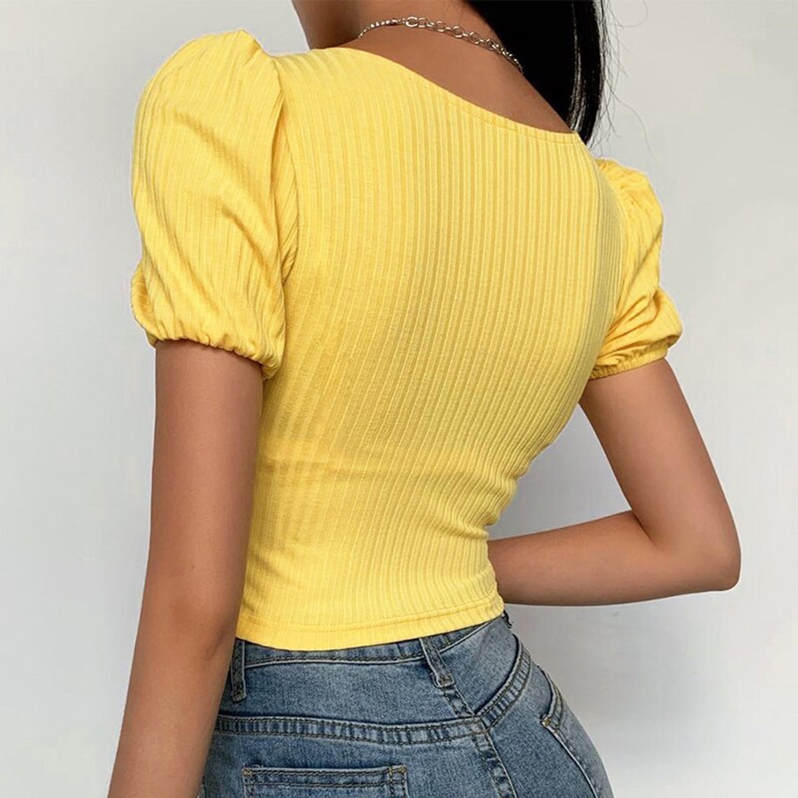 Yellow Floral Embroidered Puff Shoulder Top
