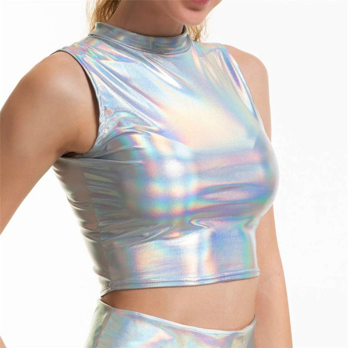 Silver Holographic Sleeveless Style Women's Sexy Top