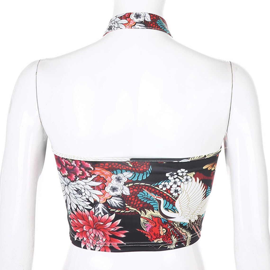 Dragon and Flowers Print Halter Crop Top
