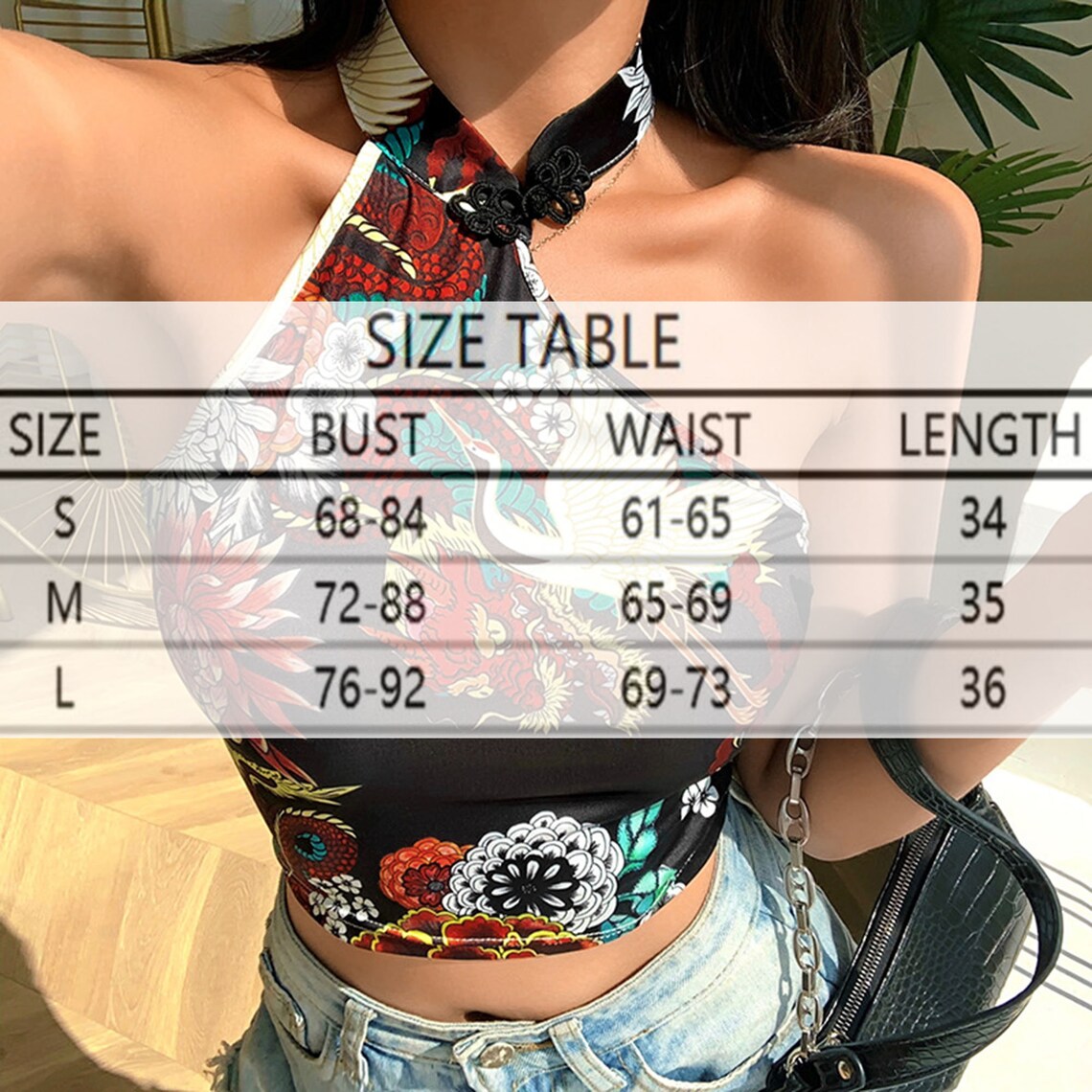 Dragon and Flowers Print Halter Crop Top