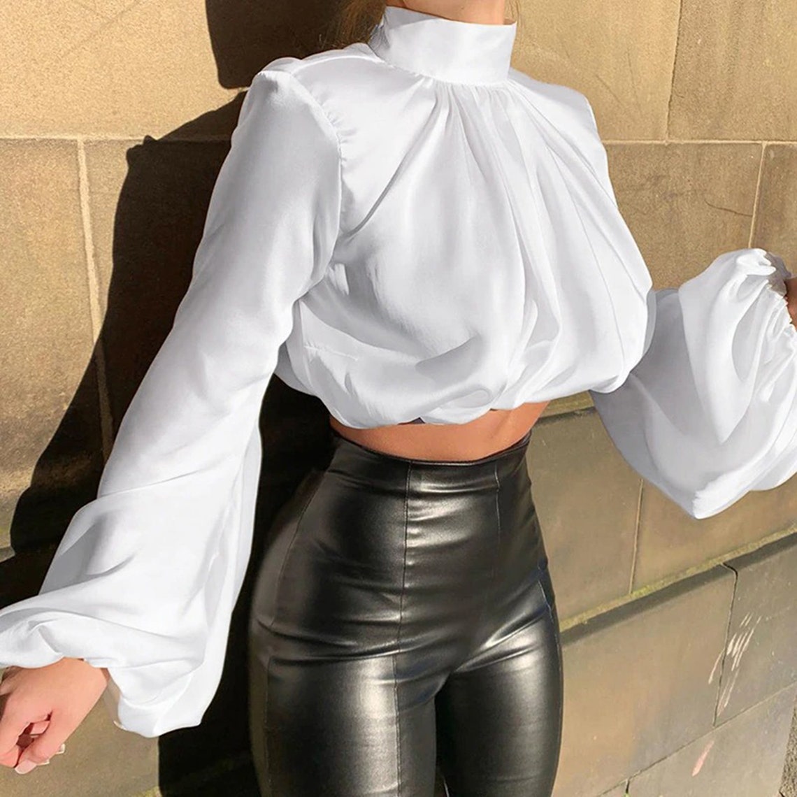 Casual Fashion Silk Lantern Sleeves Crop Top