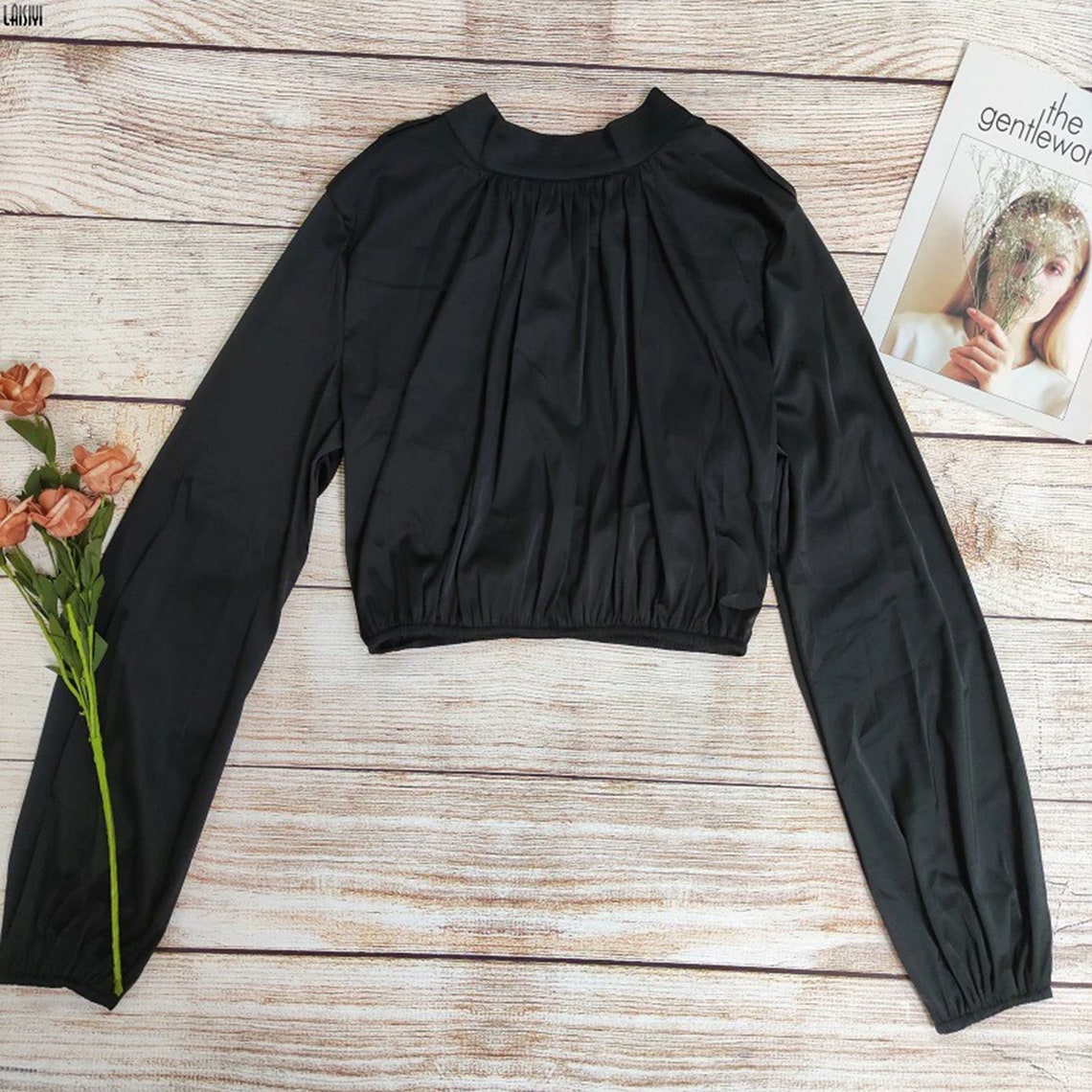 Casual Fashion Silk Lantern Sleeves Crop Top