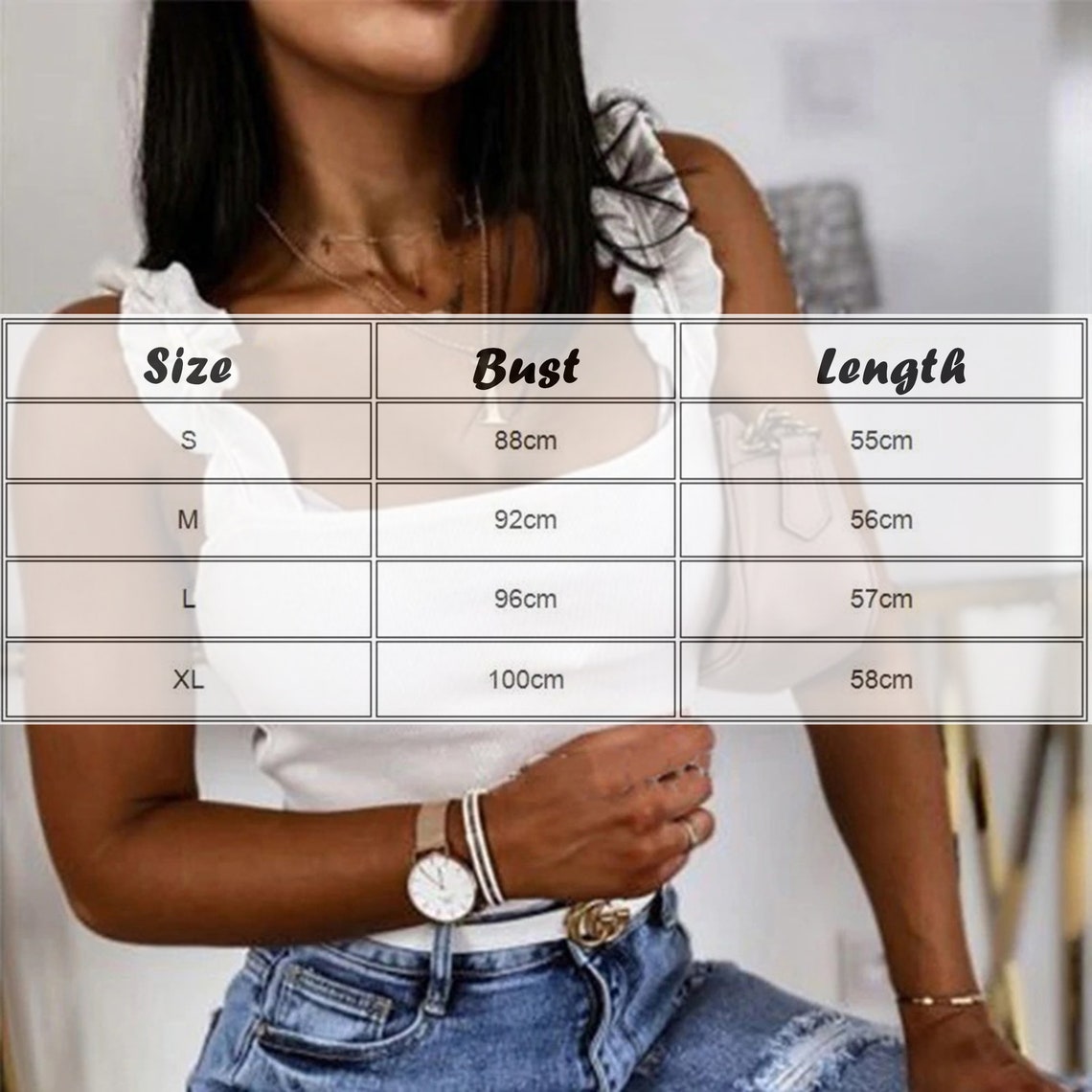 Ruffled Straps Squared Collar Knitted Ribbed Top