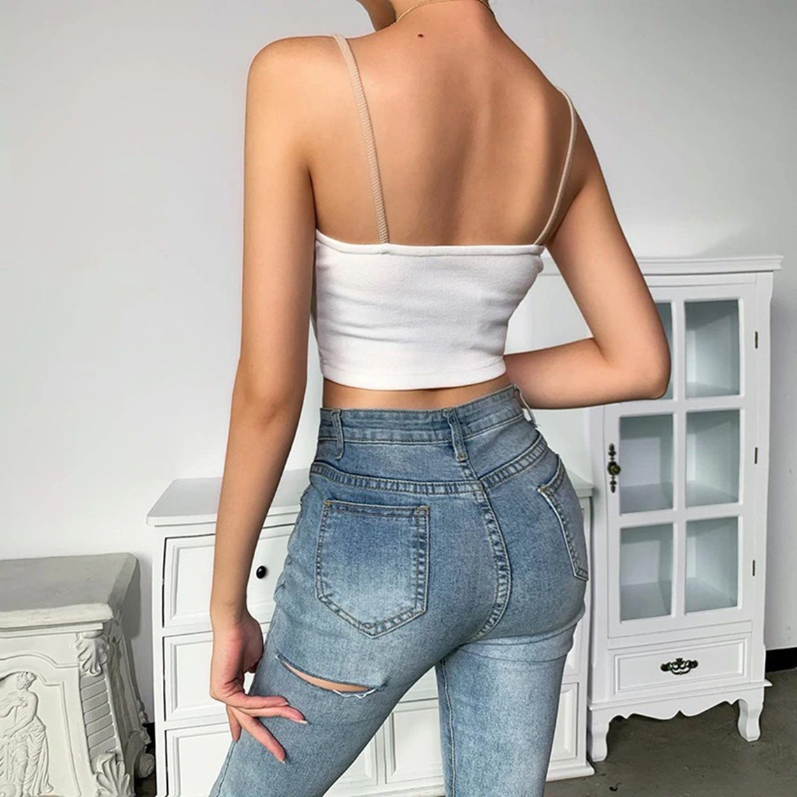 Casual Ribbed Knit Slash Neck Camisole Patchwork Top