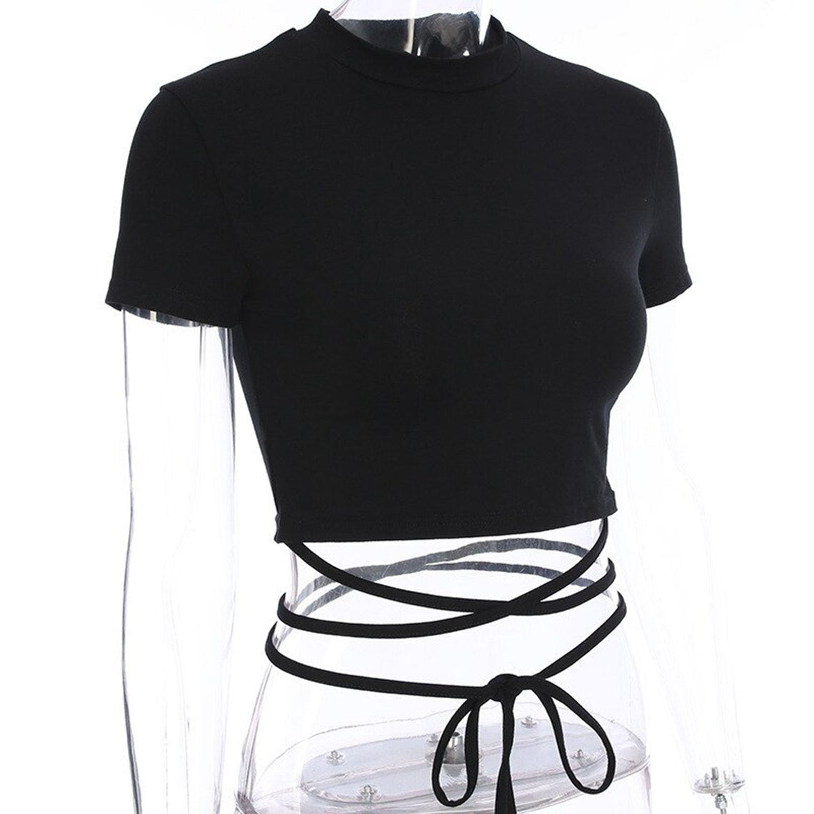 Thin Waist Crossed Straps Black Crop Top