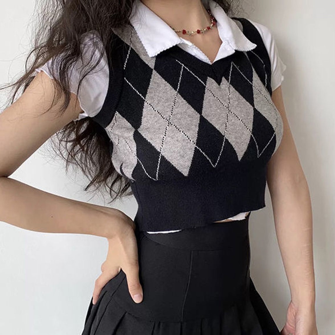 Argyle Harajuku Patterned Preppy Knitted V-neck Vest Top