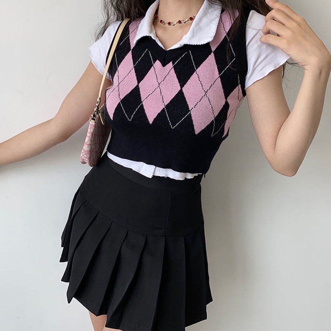 Argyle Harajuku Patterned Preppy Knitted V-neck Vest Top