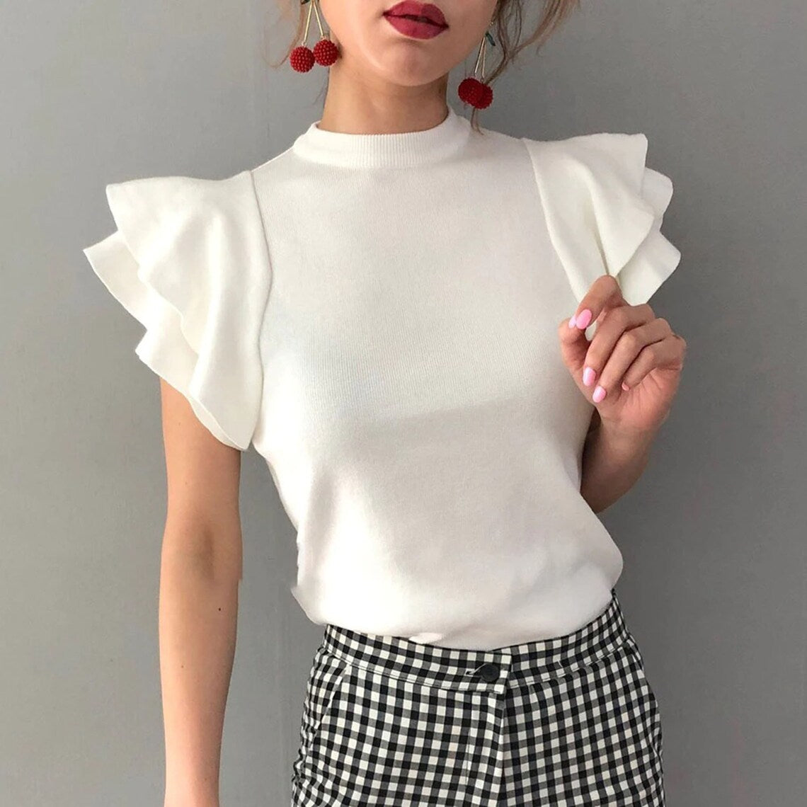 Classy Ruffled Short Sleeves Knitted Style Top