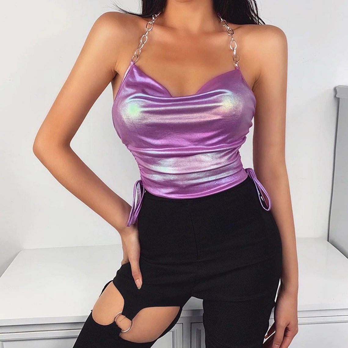 Bright Purple Drawstring Sides Chain Straps Top