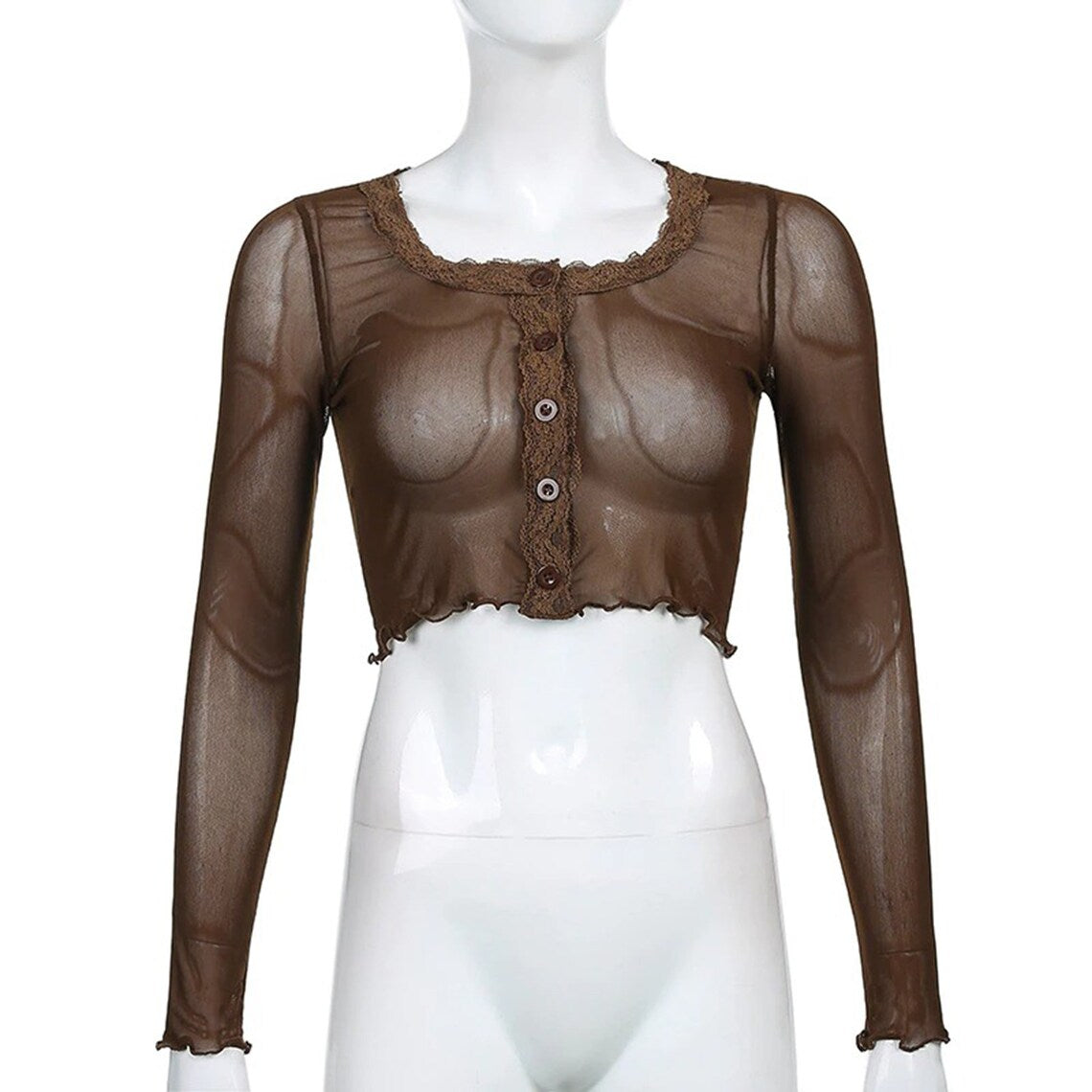 Brown See-through Vintage Floral Lace Cropped Tees