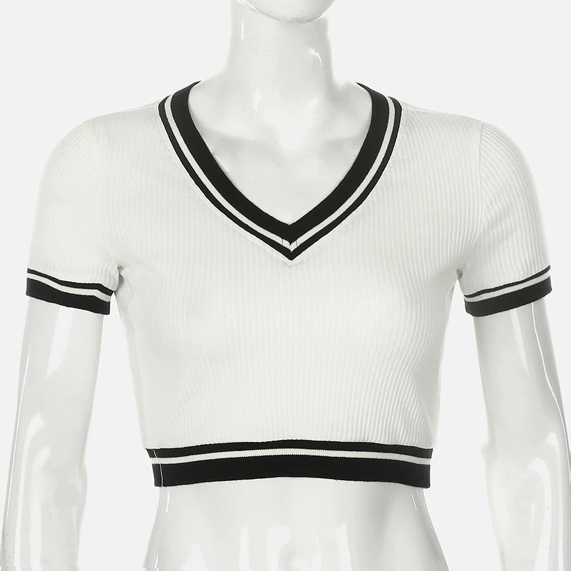 Patchwork Ribbed Korean Short Sleeves Crop Top
