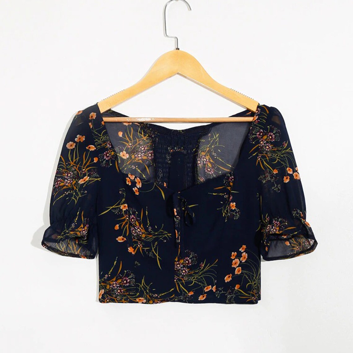 Retro Floral Print Square Collar Crop Top