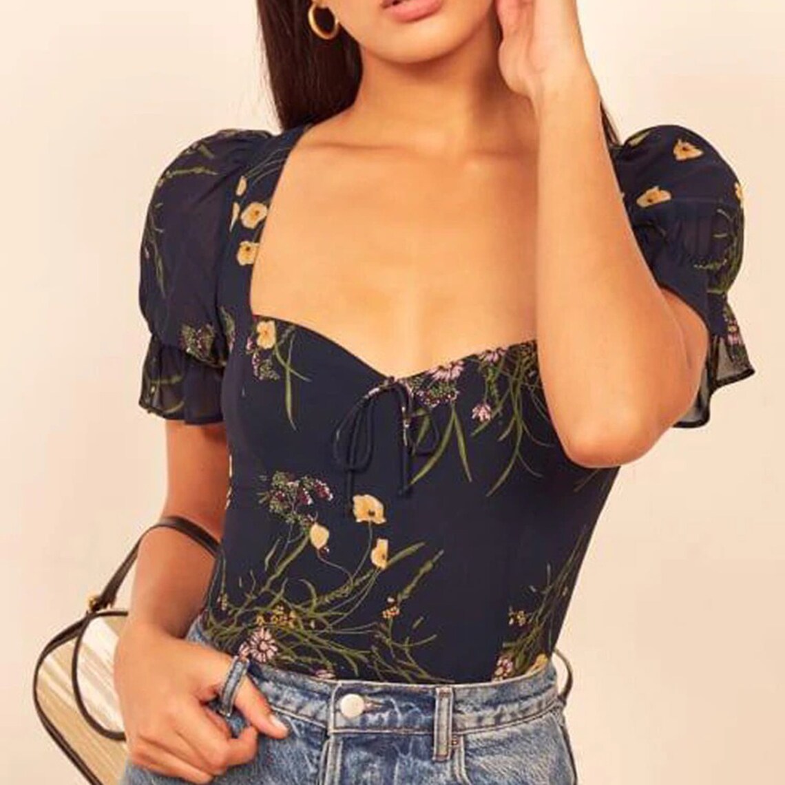 Retro Floral Print Square Collar Crop Top