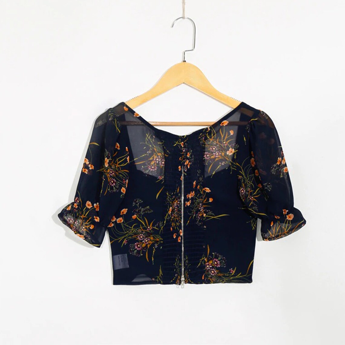 Retro Floral Print Square Collar Crop Top