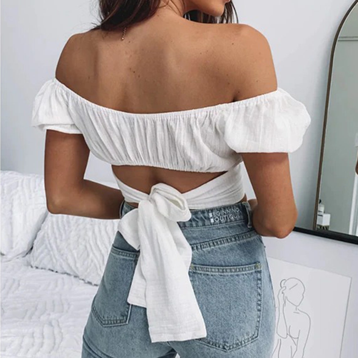 Ruffled Mini Lantern Sleeves Style Wrap Crop Top