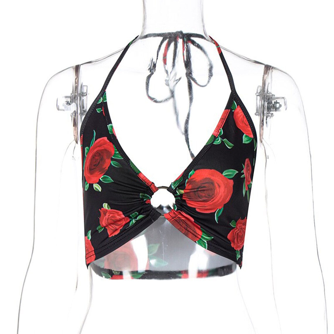 Red Roses Print Halter Fashion Crop Top