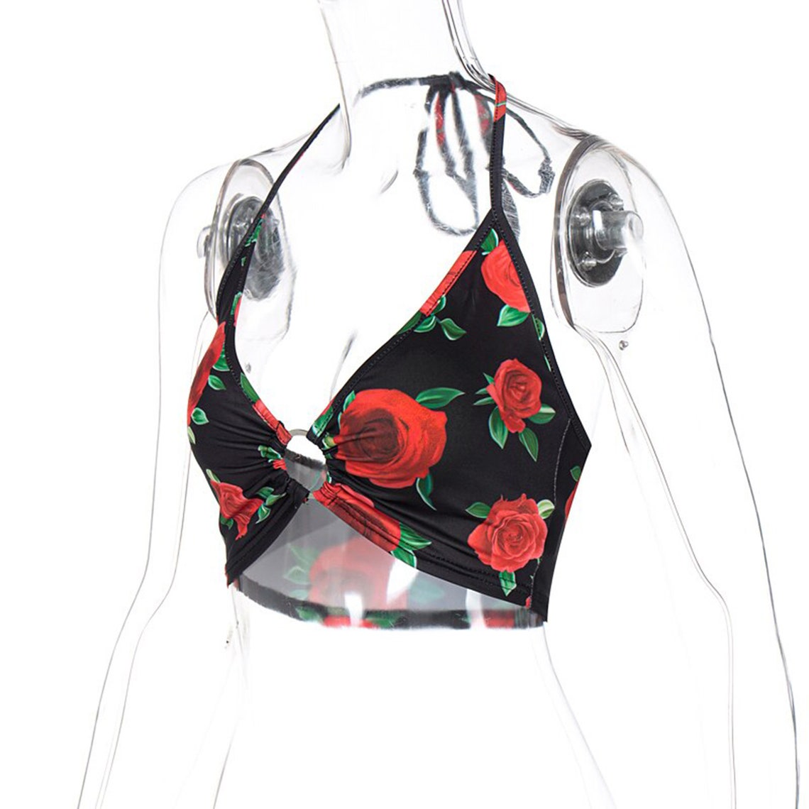 Red Roses Print Halter Fashion Crop Top