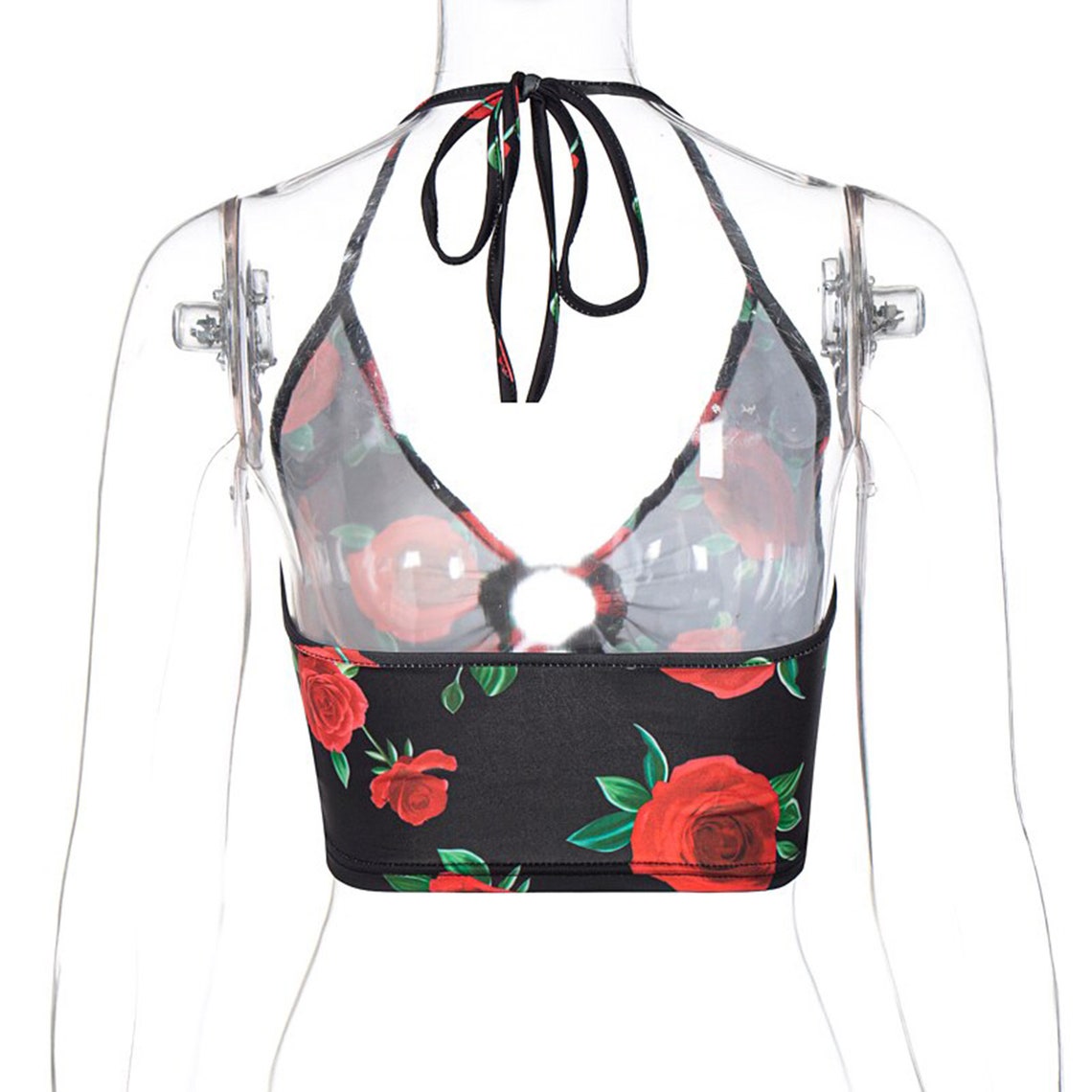 Red Roses Print Halter Fashion Crop Top
